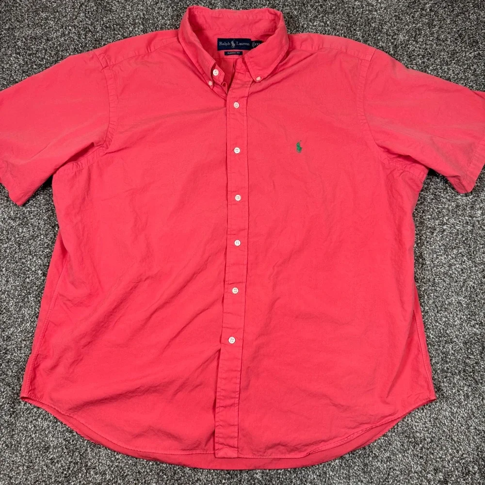 Ralph Lauren Mens XXL Classic Fit Short Sleeve Button Down Shirt Coral Pink - Picture 2 of 8